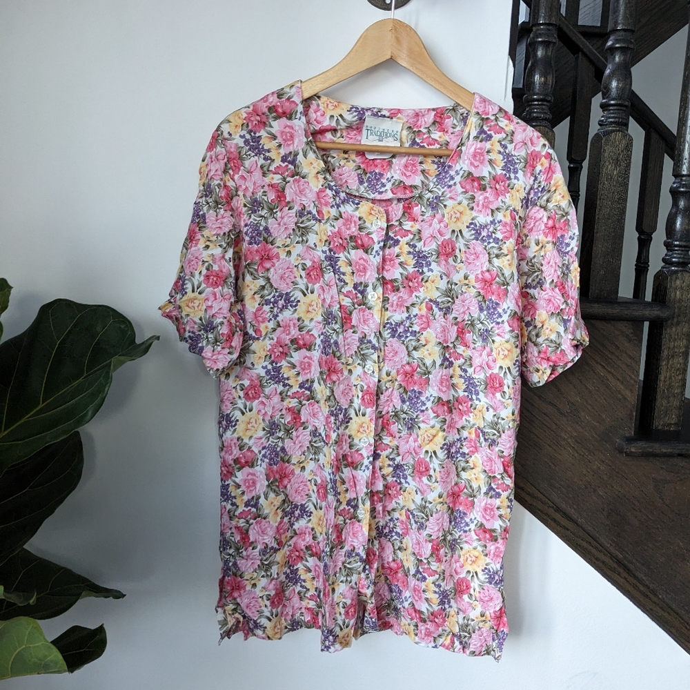 Floral button down short sleeve blouse
